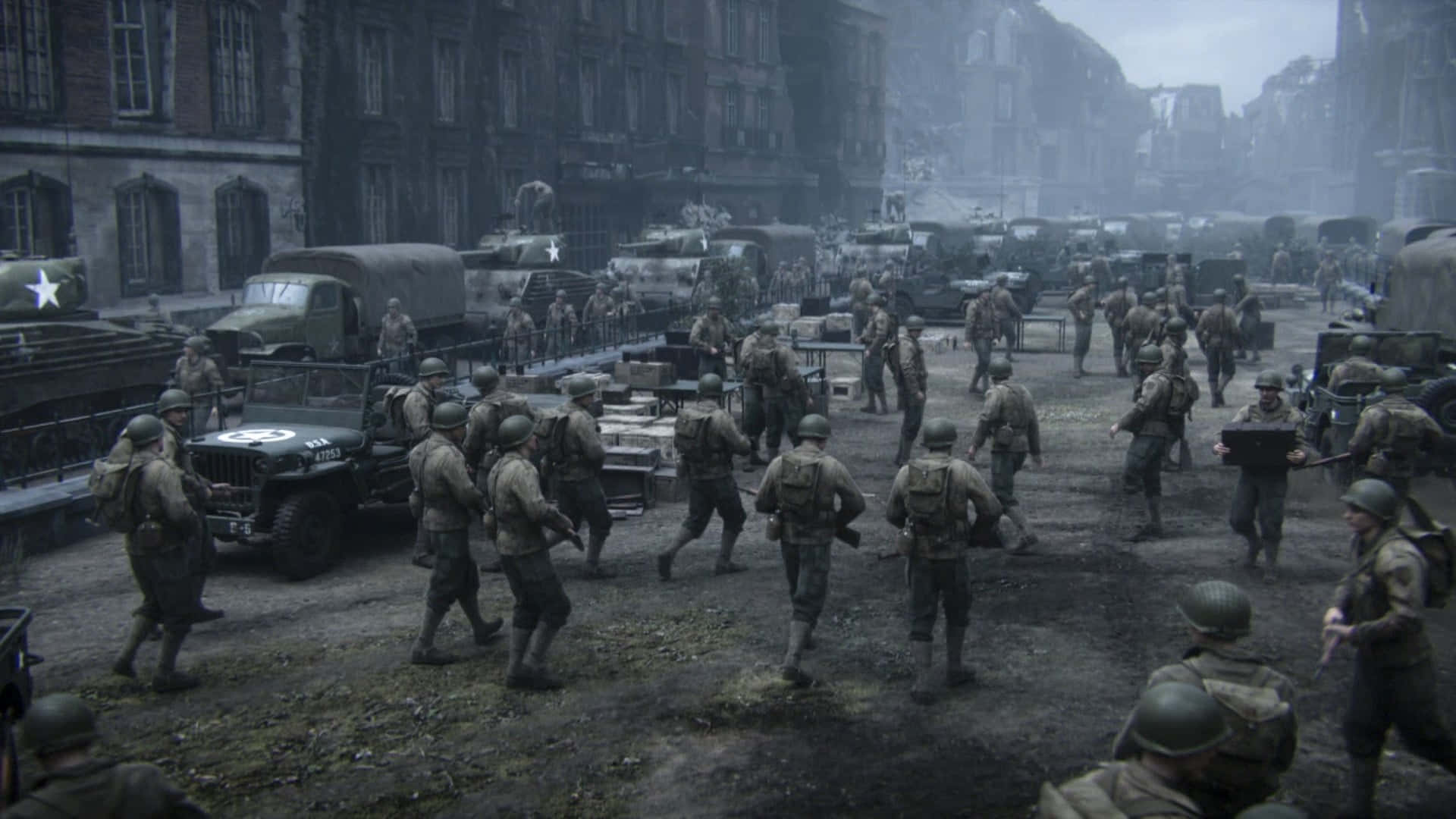 Call Of Duty Battles 桌布 壁紙 — 戴著頭盔的士兵在灰色天空下行進，穿過一條充滿軍用吉普車和坦克、被戰爭摧殘的歐洲城市街道。