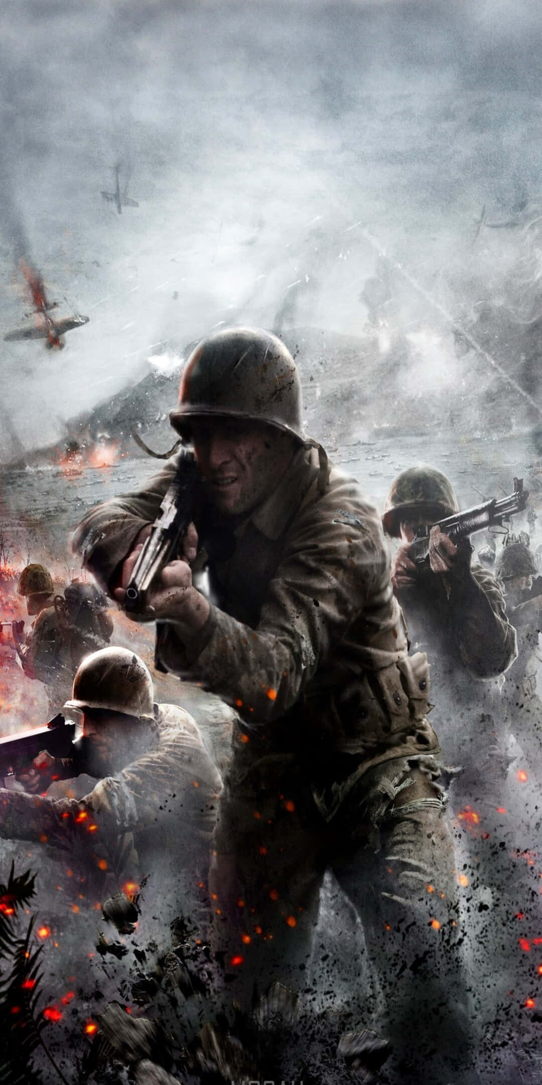Pixel 3 Battlefield 1 桌布 壁紙 — 戴著頭盔的士兵在煙霧和火焰中前進，飛機在混亂的戰場上空飛過。