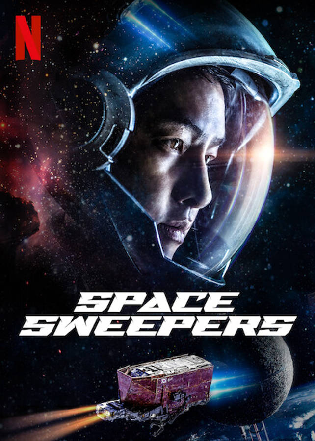 Space Sweepers 桌布 壁紙 — 戴著頭盔的太空人凝視前方，背景是宇宙星雲和下方的太空船。
