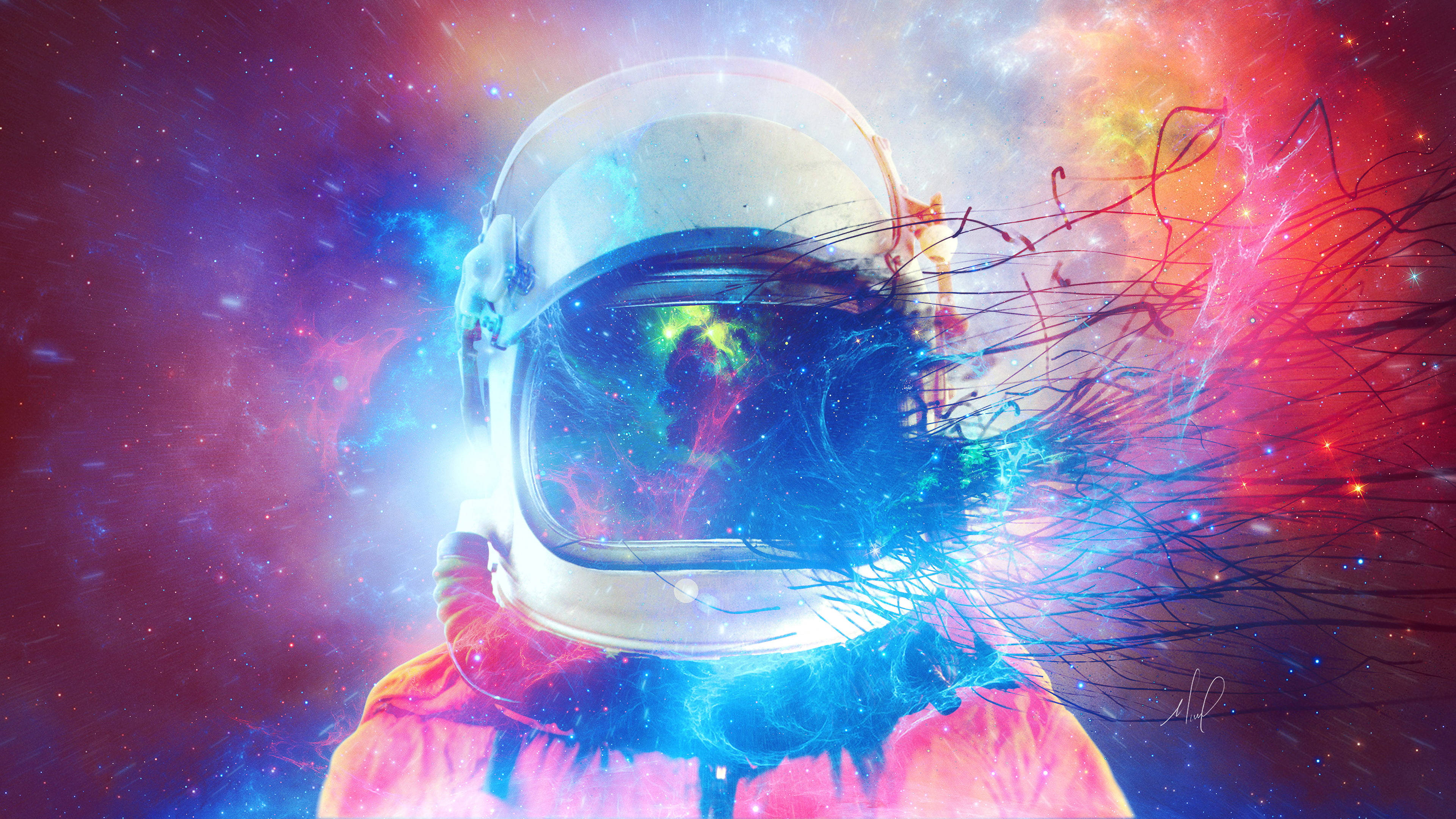 太空人 桌布 壁紙 — 戴著頭盔的太空人在宇宙星雲中漂浮，電光藍和火紅色的能量流從面罩中爆發出來。