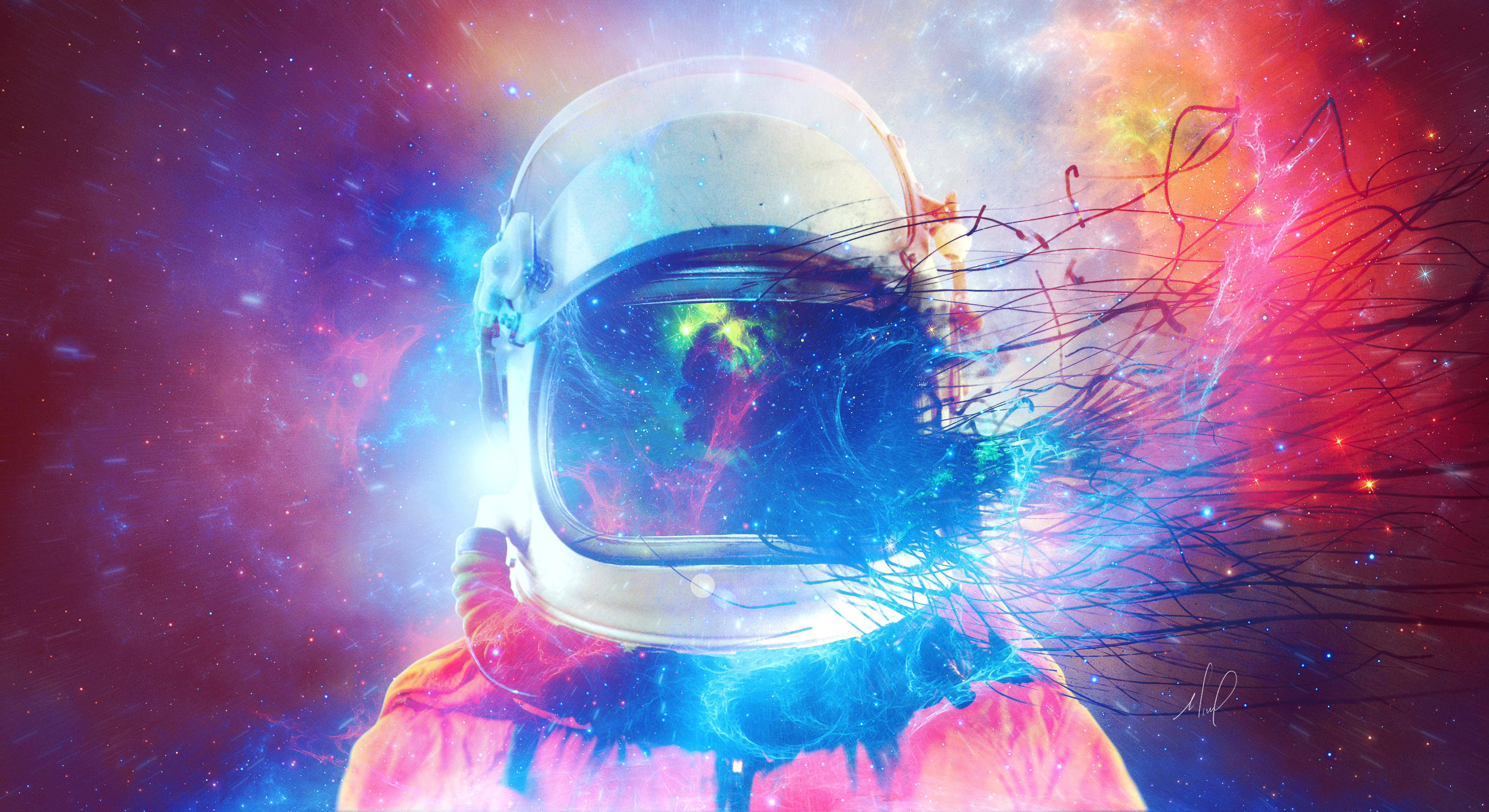 太空人 桌布 壁紙 — 戴著頭盔的太空人在星際太空中漂浮，頭部爆發出電光觸手，周圍是宇宙星雲。