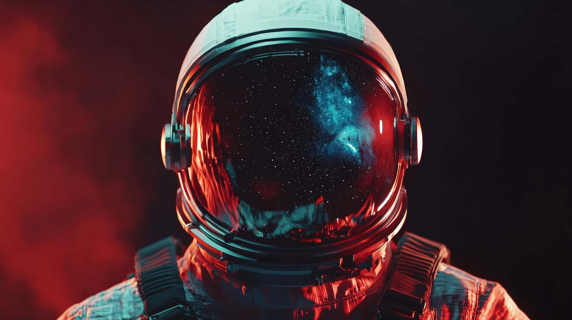 Astronaut Helmet Reflecting Deep Space Galaxy 壁紙 — 戴著頭盔的太空人在煙霧般的紅色背景上反射出星雲。