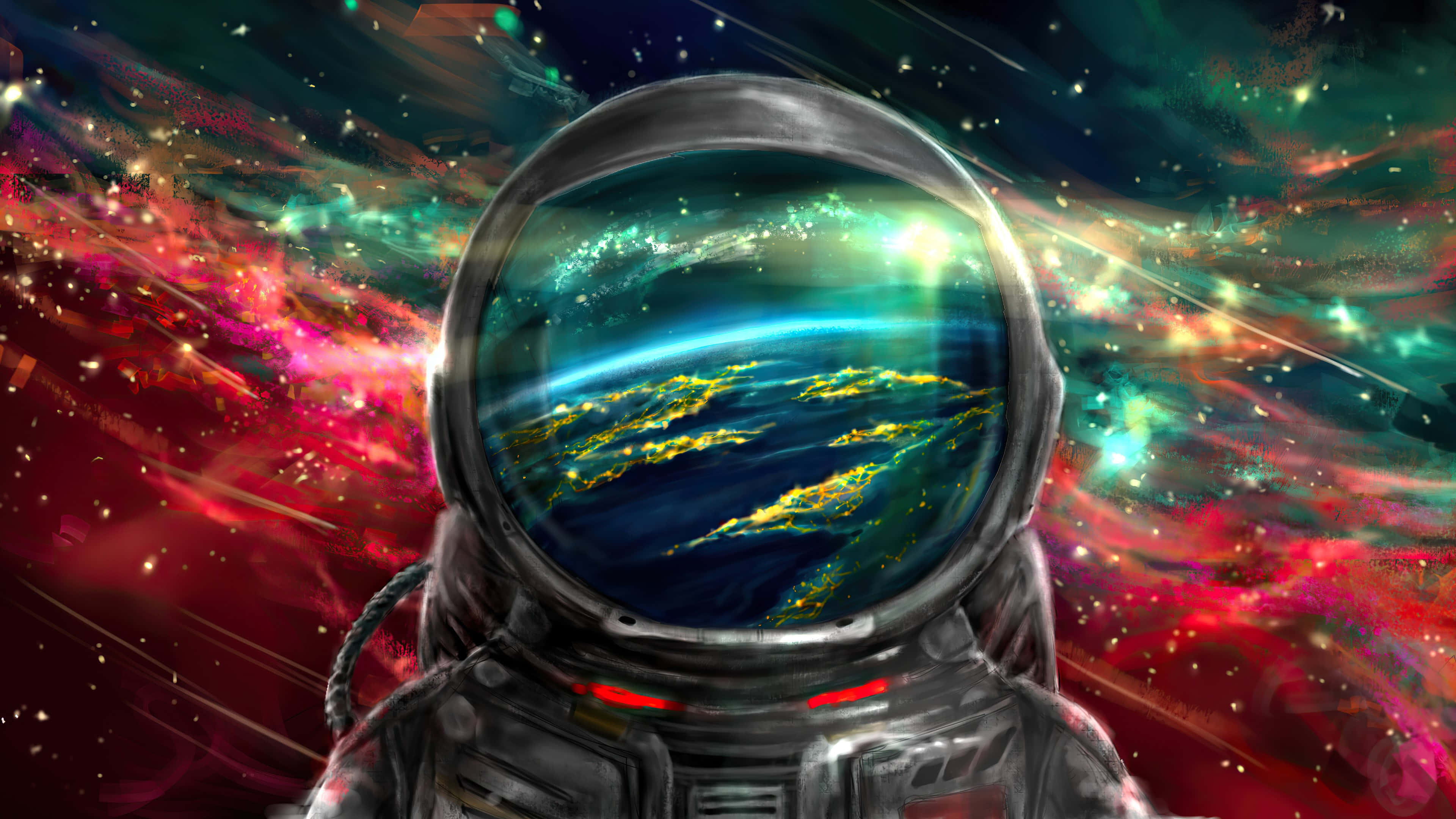 Galaxy Artwork 桌布 壁紙 — 戴著頭盔的太空人從散發紅、綠、藍色調的鮮豔宇宙星雲中凝視地球。
