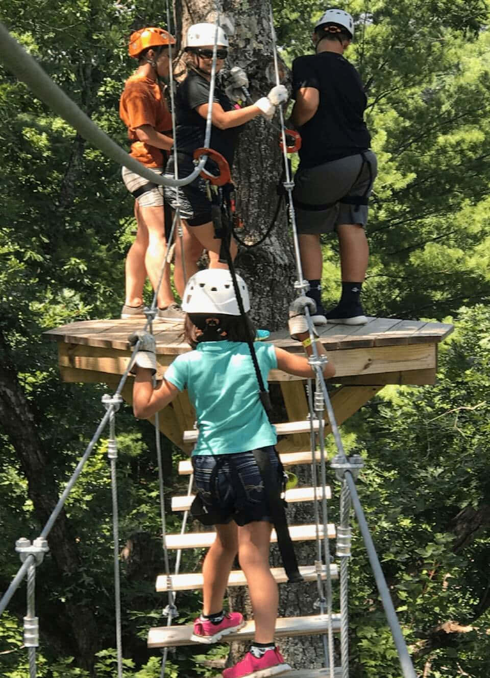 Vacation 桌布 壁紙 — 戴著頭盔的孩子們在茂密綠色森林環繞的木製樹平台上攀爬繩梯。