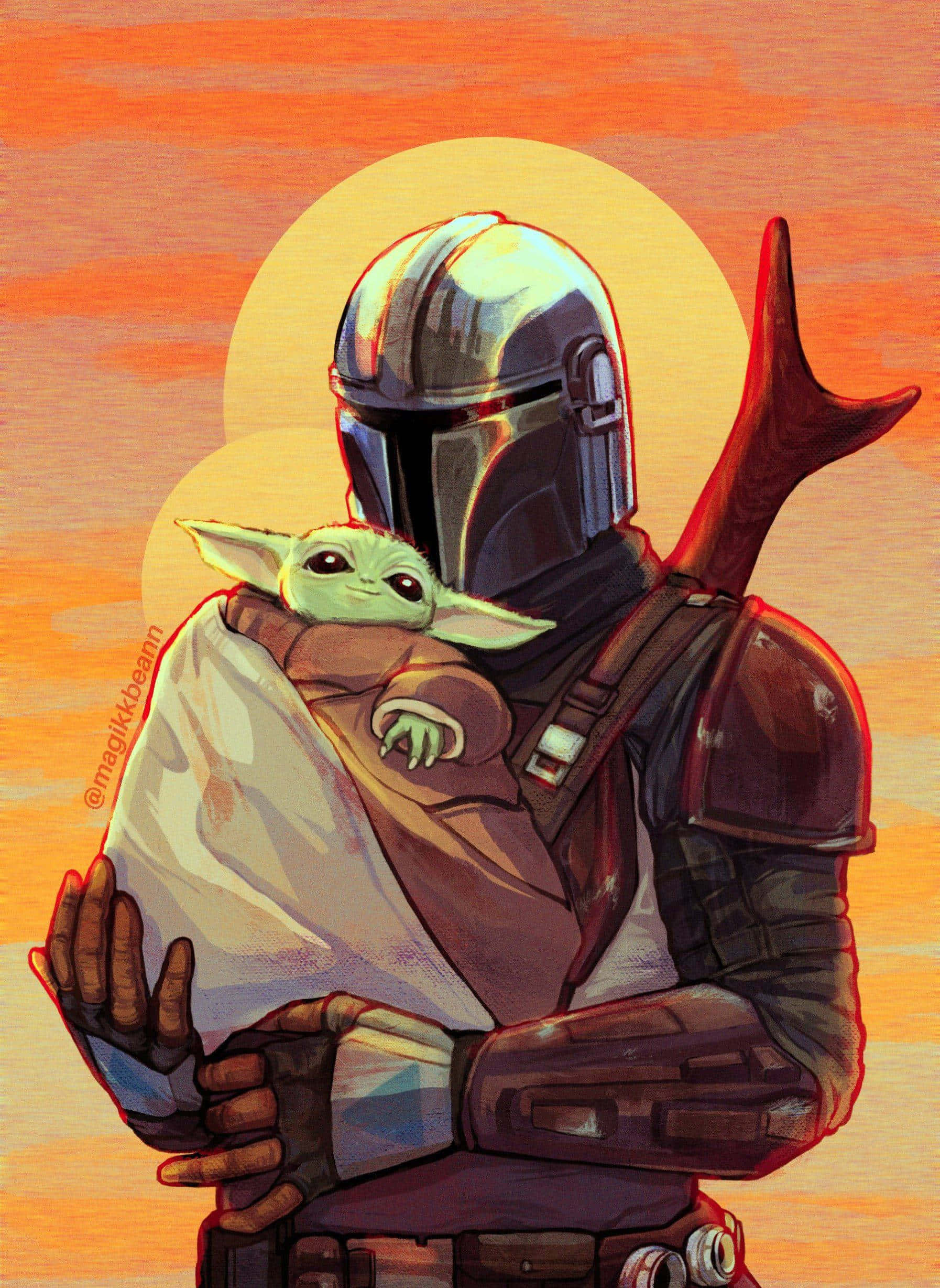 Baby Yoda Aesthetic 桌布 壁紙 — 戴著頭盔的曼達洛人在溫暖的橙色日落背景下懷抱著古古。