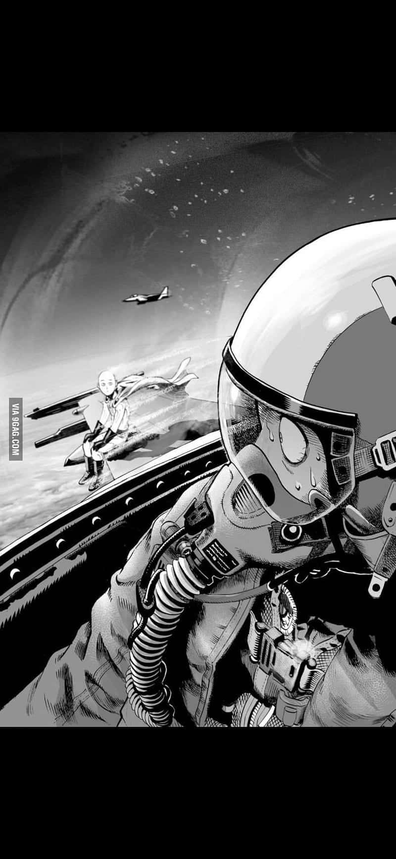 戴頭盔的飛行員看著噴射機在黑白動畫場景中飛過。 — 一拳超人 GIF 壁紙