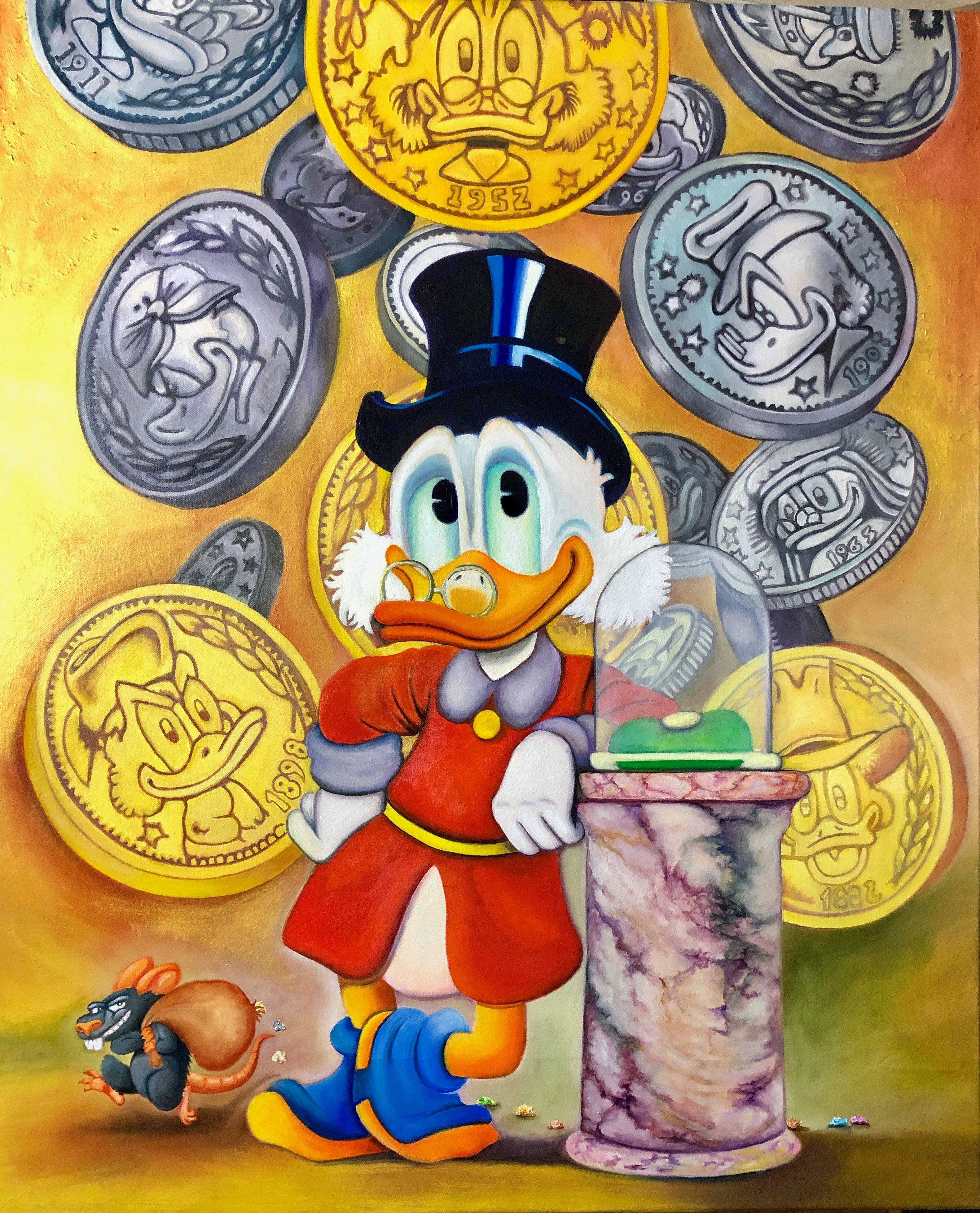 Scrooge 桌布 壁紙 — 戴著高帽的唐老鴨自豪地站在漂浮的金幣和銀幣之間，附近有一隻小老鼠。