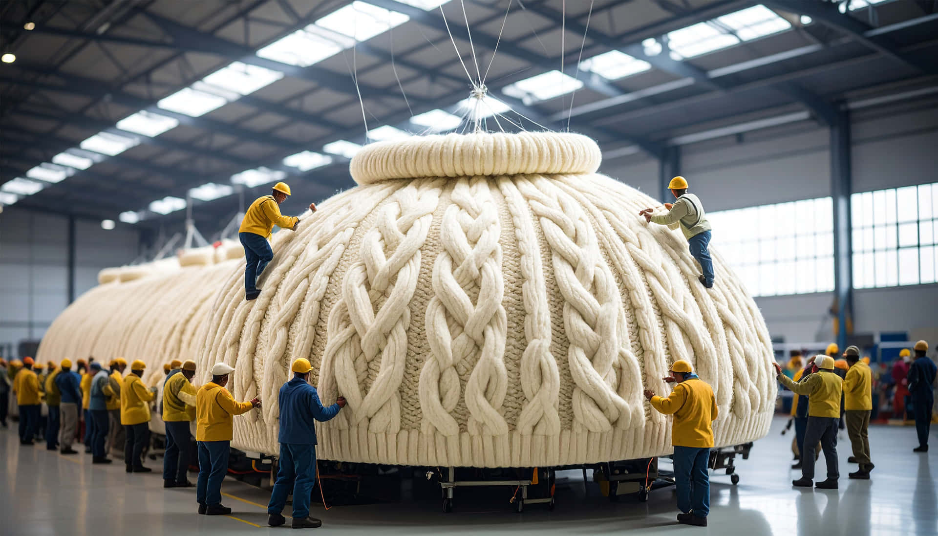 Giant Sweater 壁紙 — 戴著黃色安全帽的工人爬上並組裝一件巨大的奶油色針織毛衣，地點在寬敞的工業倉庫內。