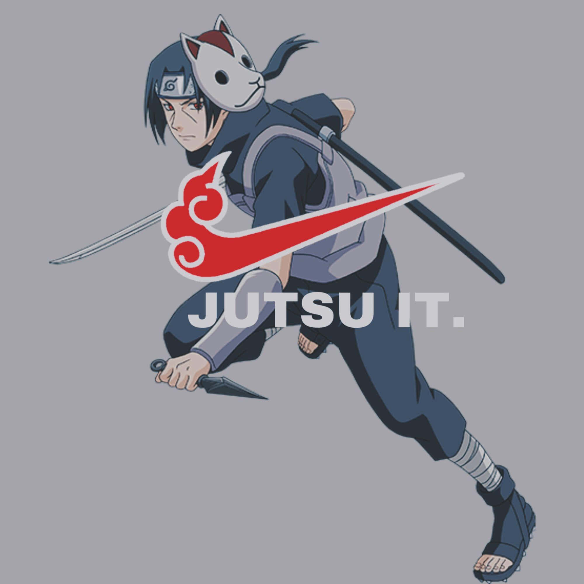 Jutsu 桌布 壁紙 — 戴貓面具的動漫忍者向前猛衝，揮舞劍和苦無，背景為灰色，帶有紅色雲朵標誌和 jutsu it 文字。