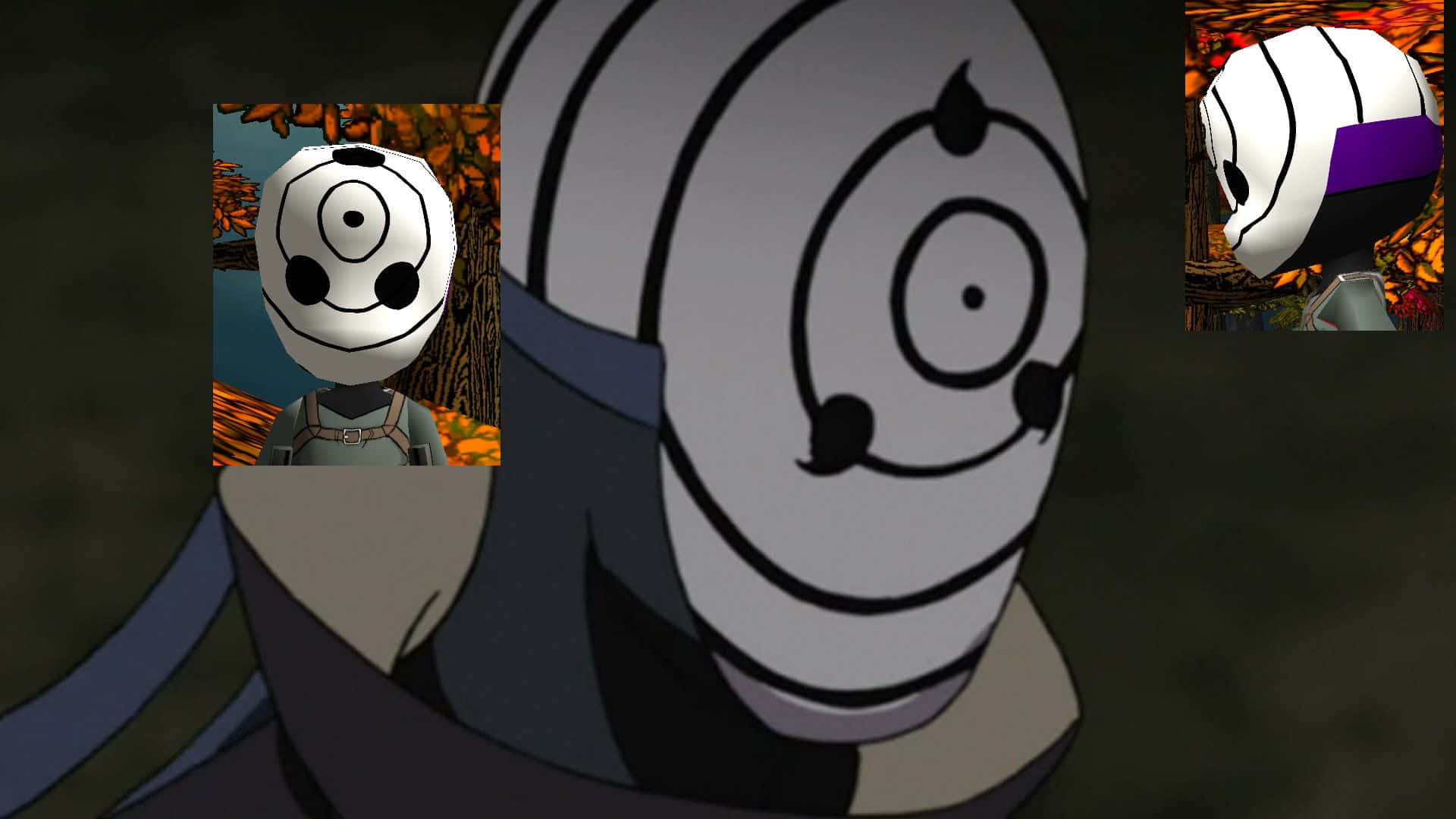 Obito Uchiha 桌布 壁紙 — 戴面具的動漫角色特寫，帶有螺旋眼設計和秋季背景。