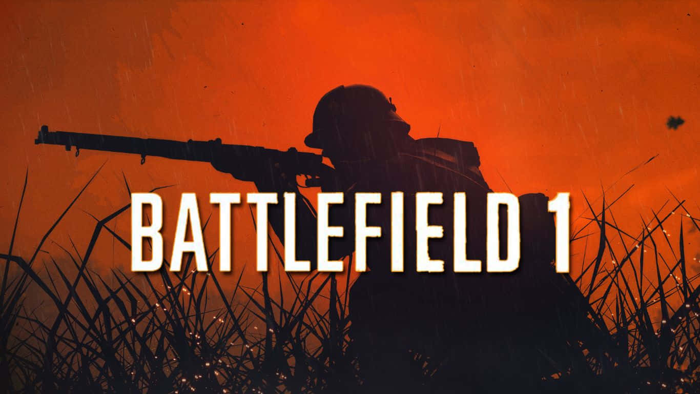 1366x768 Battlefield 1 桌布 壁紙 — 戴頭盔的士兵剪影，穿過高草叢瞄準步槍，背景是火花飛舞的熾熱橙色戰場天空。
