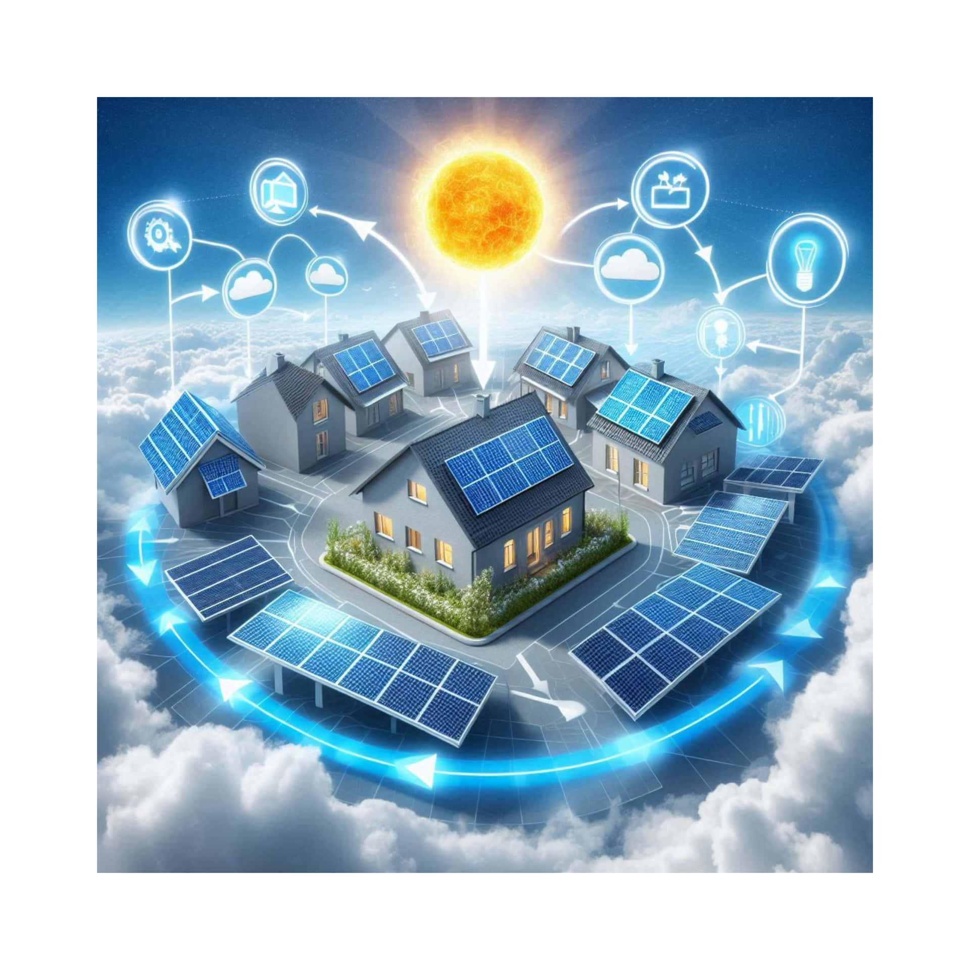 diagrammatic solar power drawing 壁紙 — 房屋和地面陣列的太陽能板捕捉雲層上方的陽光，帶有發光的藍色能量環和圖標。