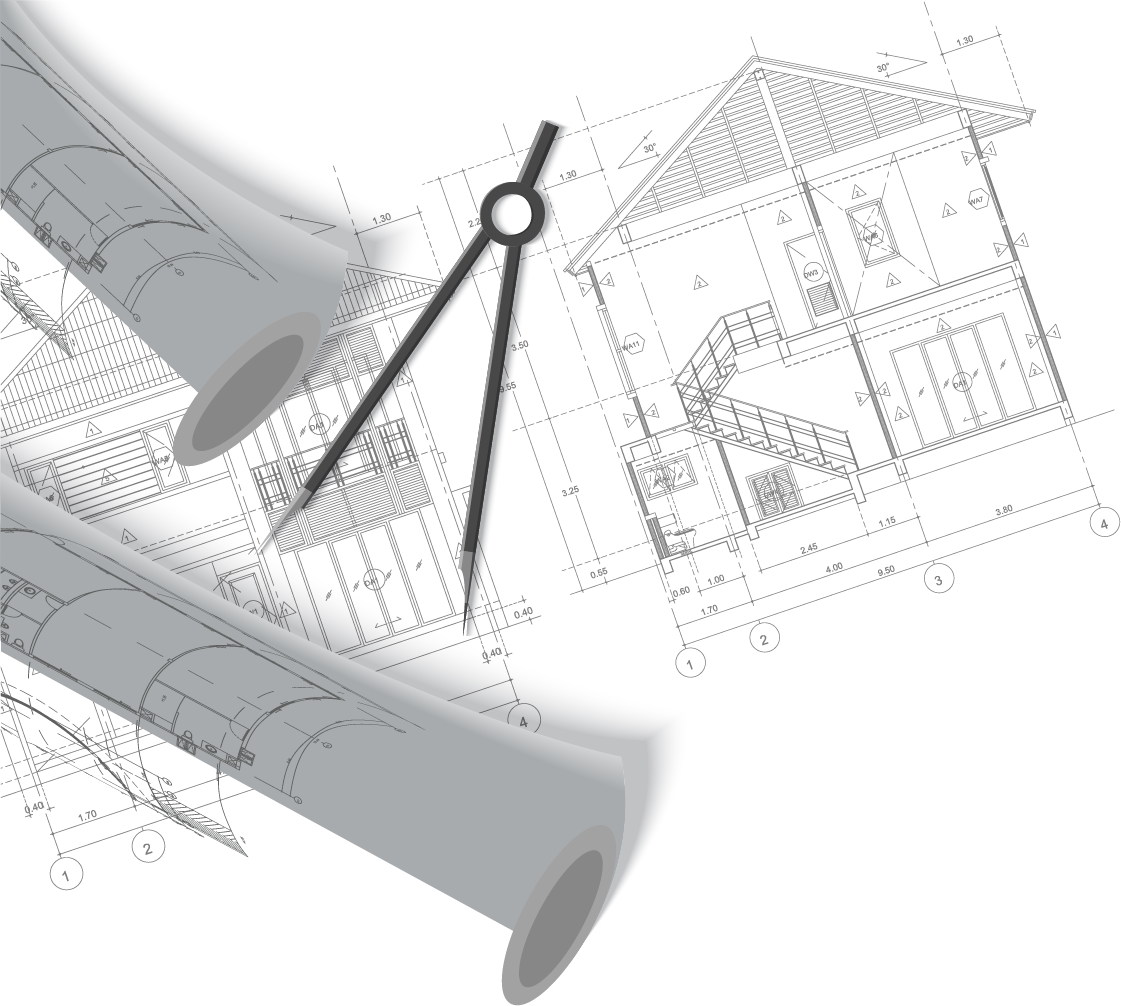 Architect 桌布 壁紙 — 房屋和管道的建築藍圖，以動態重疊的構圖排列。