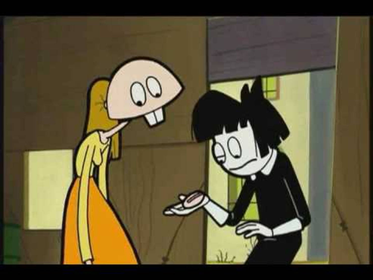 Animated 桌布 壁紙 — 房間裡有兩個卡通角色，一個圓頭穿著橙色連衣裙的角色正在向另一個黑髮黑色服裝的角色提供某樣東西。