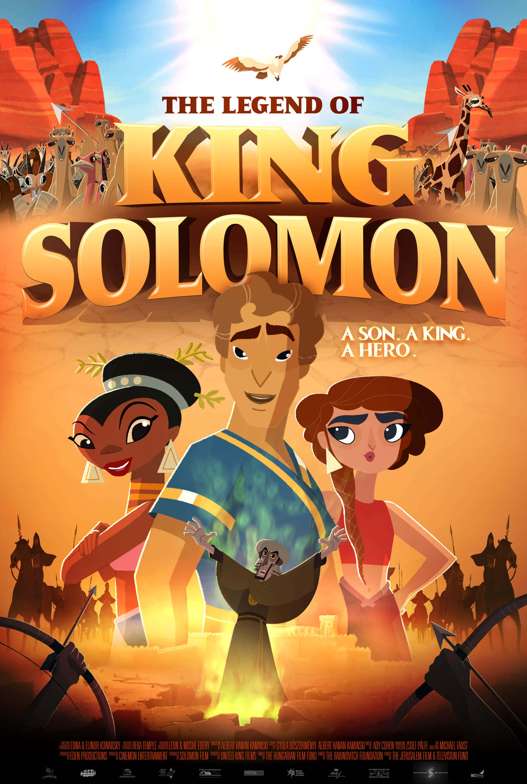 King Solomon 桌布 壁紙 — 《所羅門王傳奇》動畫電影海報，描繪三位主要角色在沙漠峽谷中，與長頸鹿和戰士們一起，在明亮的陽光下。