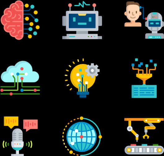 Technology Icon 桌布 壁紙 — 扁平圖標描繪科技概念，如大腦、人工智慧機器人、雲端運算和全球網路，背景為黑色。