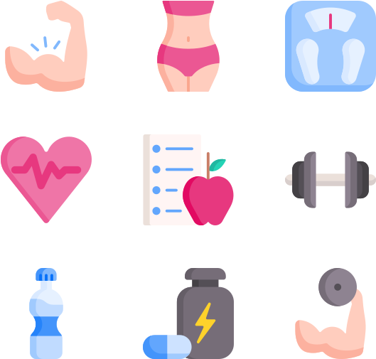 Fitness 桌布 壁紙 — 扁平圖示描繪健身符號，如肌肉、蘋果、啞鈴和磅秤，在黑色背景上。