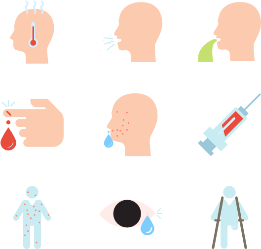 生病 桌布 壁紙 — 扁平圖示描繪常見疾病症狀，如發燒、咳嗽、打噴嚏和喉嚨痛，背景為黑色。