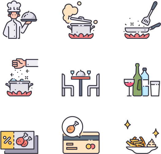 Chef 桌布 壁紙 — 扁平圖示描繪烹飪場景，包括廚師、鍋、煎鍋、桌子、葡萄酒和食物，背景為黑色。