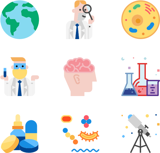 科學 桌布 壁紙 — 扁平圖示描繪科學主題，包括地球儀、顯微鏡、大腦、實驗室設備和望遠鏡，背景為黑色。