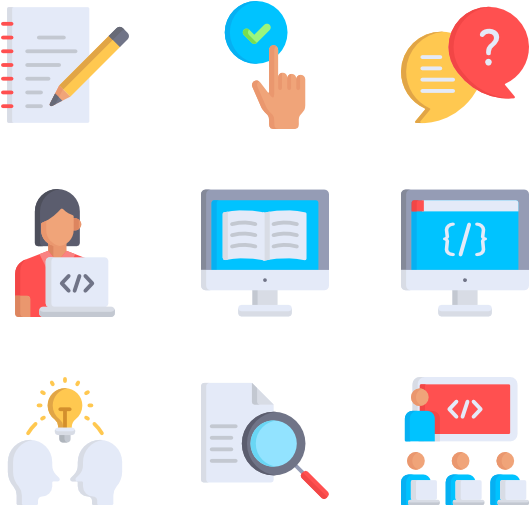 Clip Art 桌布 壁紙 — 扁平圖示描繪編碼學習工具，如筆記型電腦、對話氣泡和點擊勾號的手，背景為黑色。