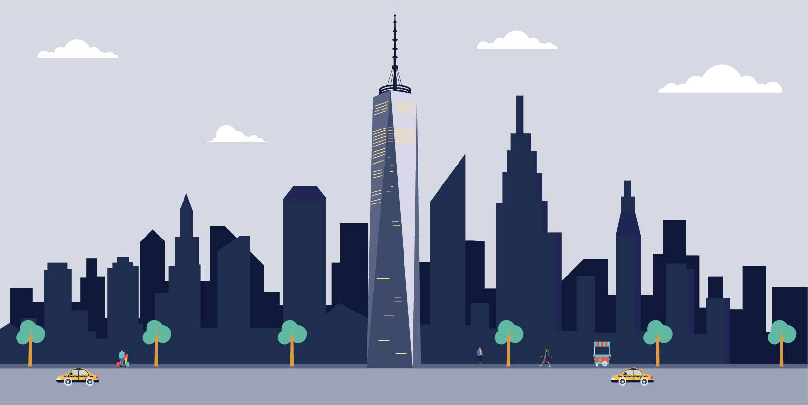 Building 桌布 壁紙 — 扁平插圖風格的城市天際線，世界貿易中心一號大樓在蒼白天空和白雲下聳立於深色建築之上。