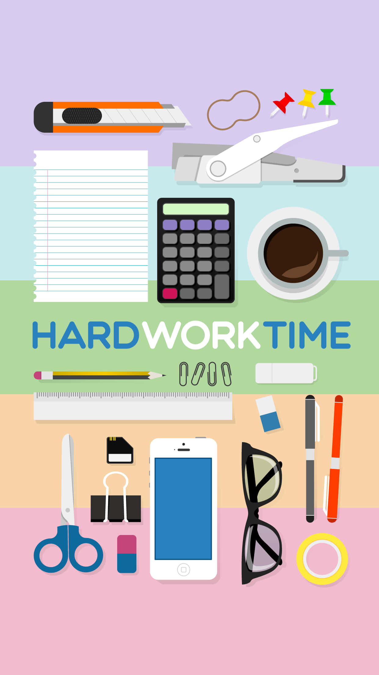 Hard Work 桌布 壁紙 — 扁平設計插圖，展示辦公用品和科技工具排列在彩色水平條紋上，並帶有「HARD WORK TIME」文字。