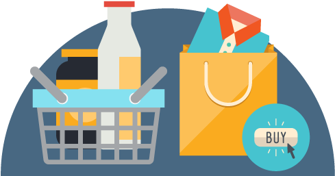 Shopping 桌布 壁紙 — 扁平設計插圖：購物籃、雜貨和紙袋，附有購買按鈕。