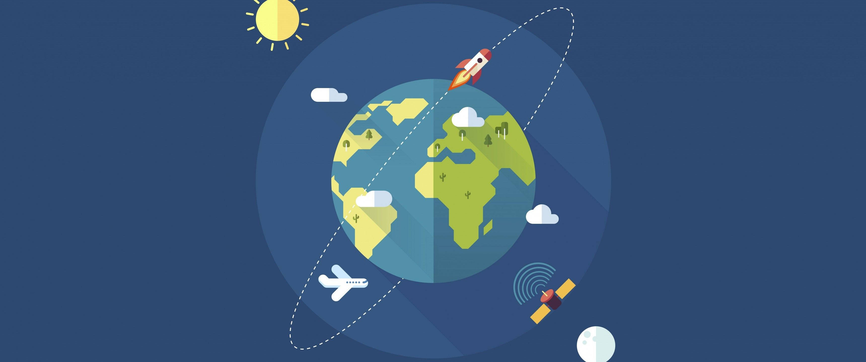 地球 桌布 壁紙 — 扁平設計插圖顯示火箭飛機和衛星圍繞著帶有太陽和雲朵的風格化地球運行。