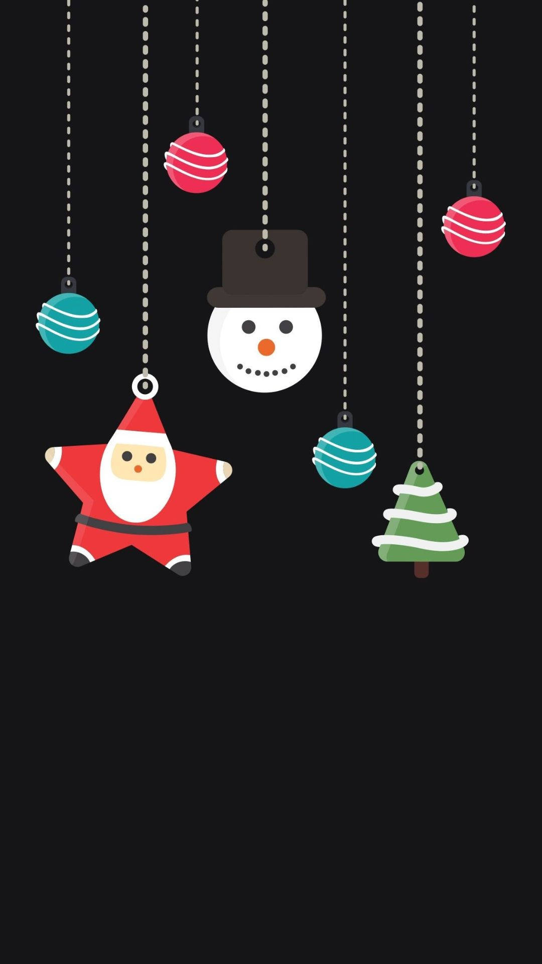 Kawaii Christmas 桌布 壁紙 — 扁平設計的聖誕裝飾，包括聖誕老人、雪人和樹木，掛在黑色背景上。