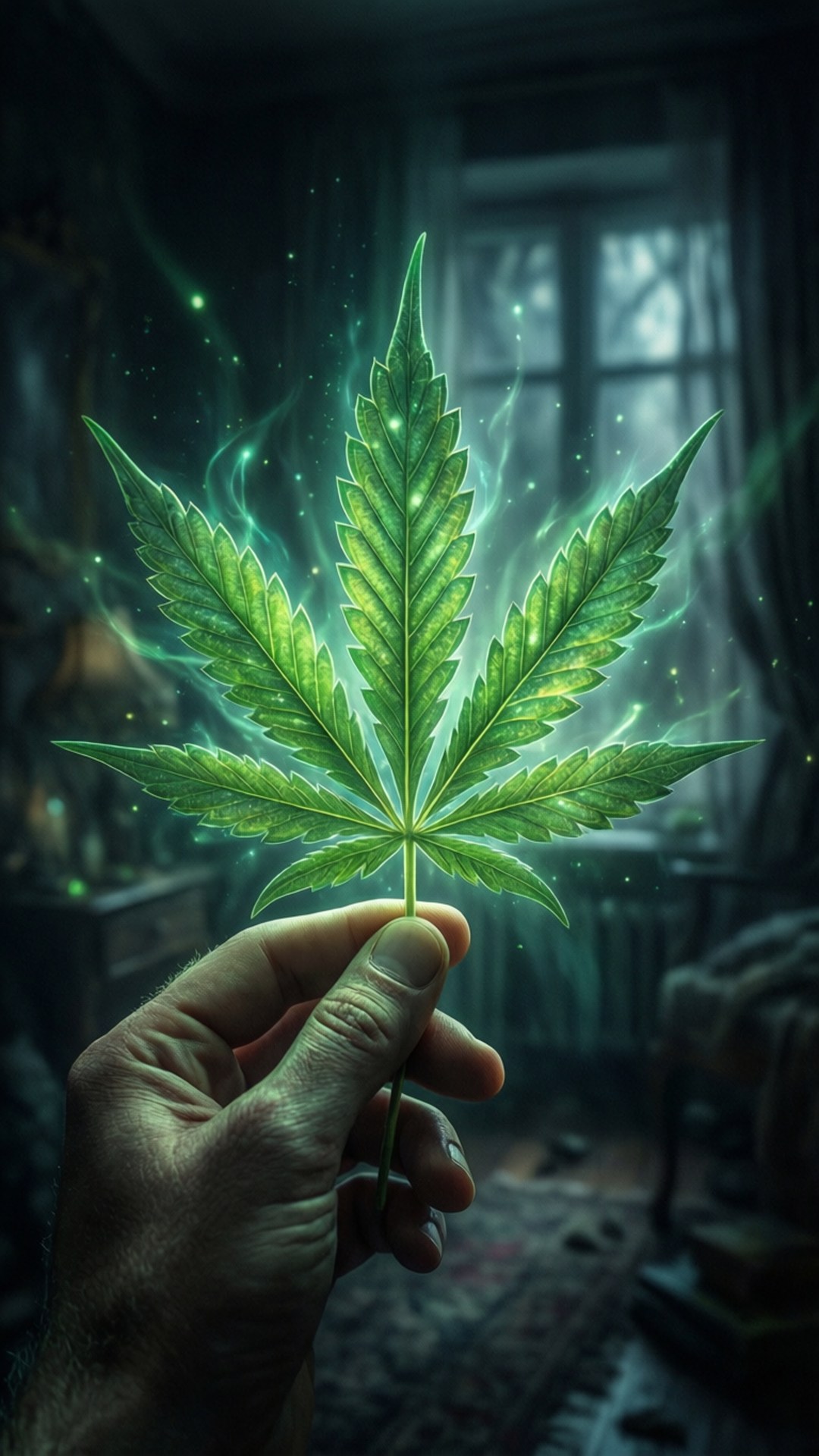 手中發光的葉子 壁紙 — 一隻手拿著一片發光的綠色大麻葉，在昏暗神秘的房間中散發魔法能量。