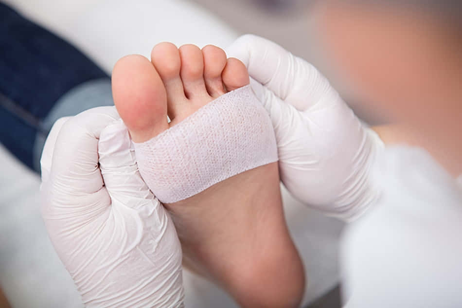 feet 桌布 壁紙 — 手套手部特寫，在臨床環境中小心地將白色醫療繃帶纏繞在人的腳上。