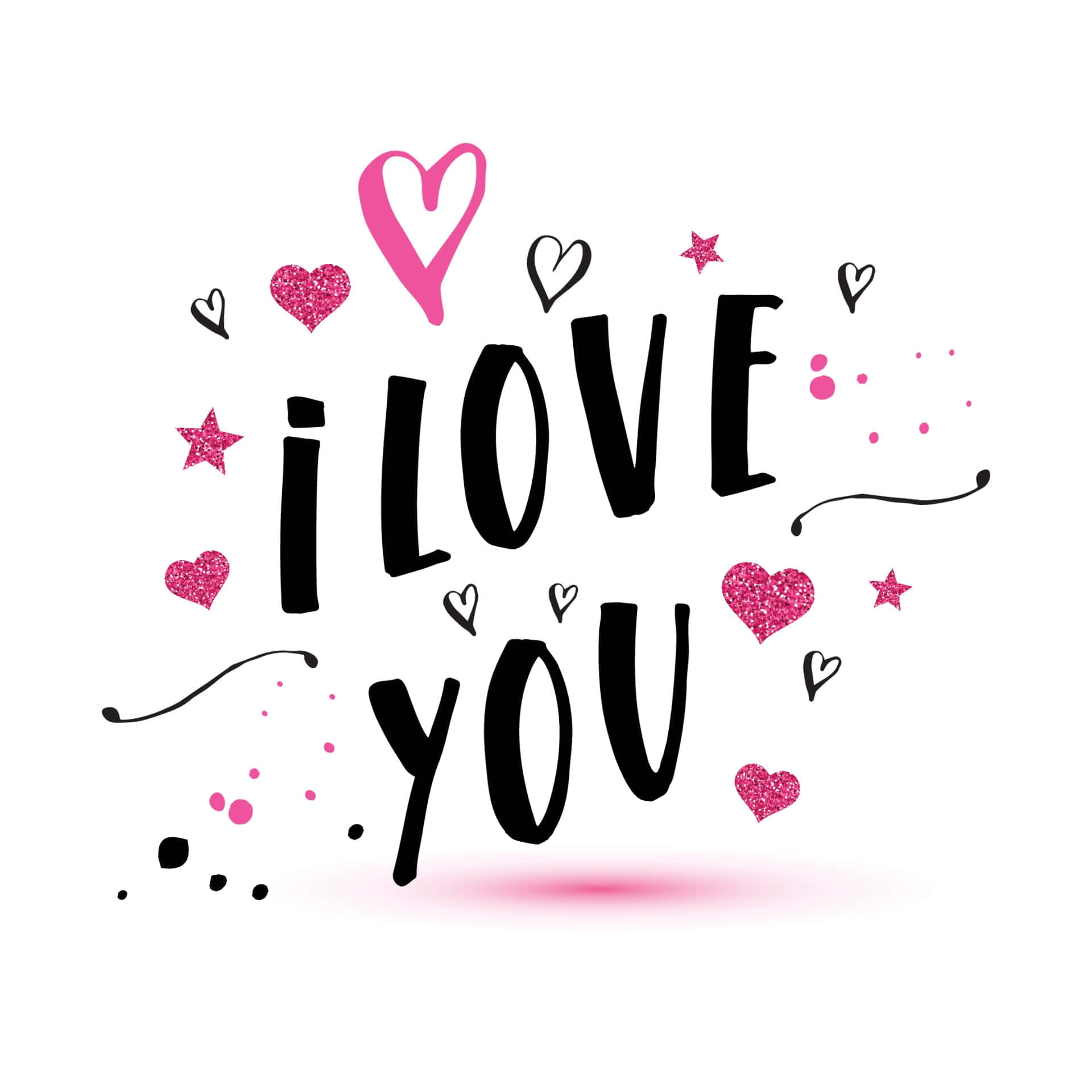 我愛你 桌布 壁紙 — 手寫的 i love you 文字，周圍環繞著粉紅色閃粉愛心和星星，背景為白色。