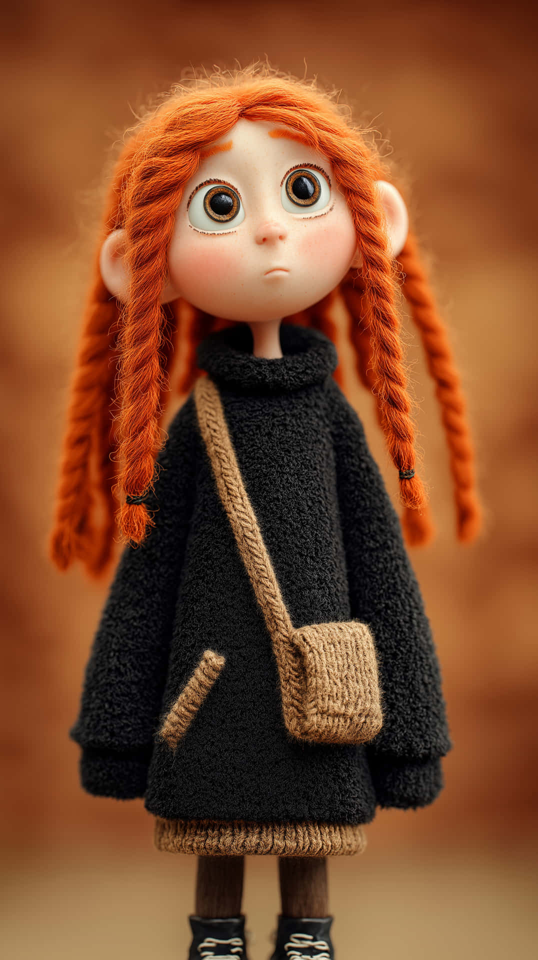 Adorable Cartoon Girl with Fiery Red Curly Hair and Big Eyes 壁紙 — 手工娃娃的特寫，擁有亮橙色辮子頭髮，穿著黑色毛絨外套，攜帶米色編織袋。