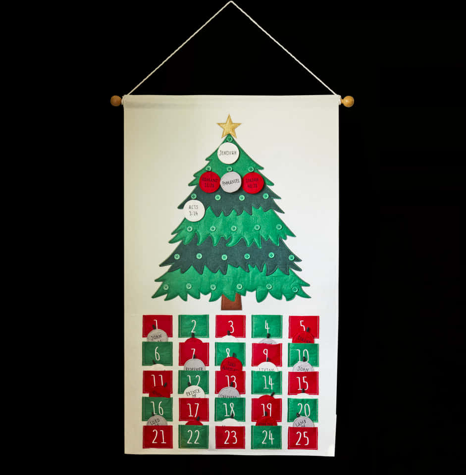 Christmas Decoration 桌布 壁紙 — 手工布藝降臨曆，黑色背景上飾有綠色聖誕樹和編號1至25的紅色口袋。