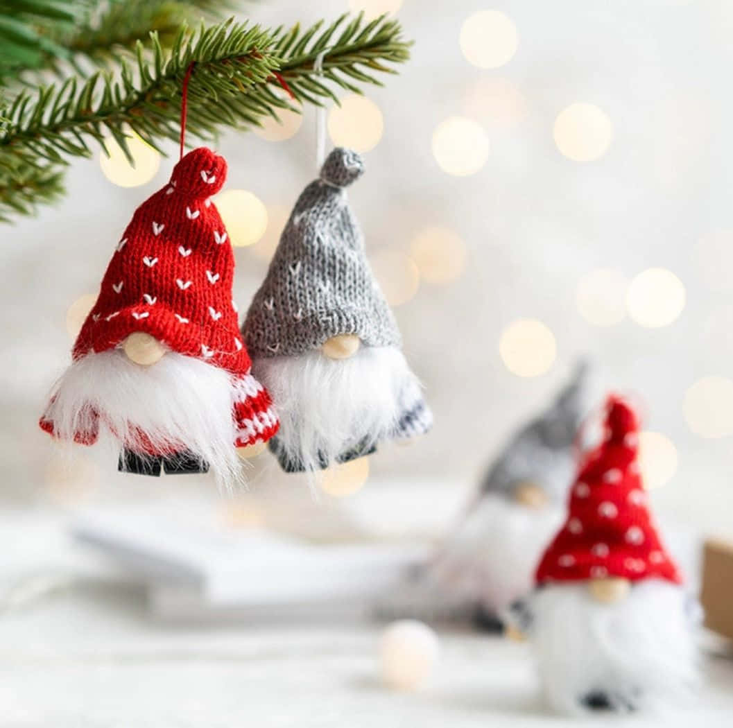 Gnome 桌布 壁紙 — 手工編織的聖誕老人公仔，帶有蓬鬆的白鬍子，掛在松樹枝上，背景是溫暖燈光的柔和散景。