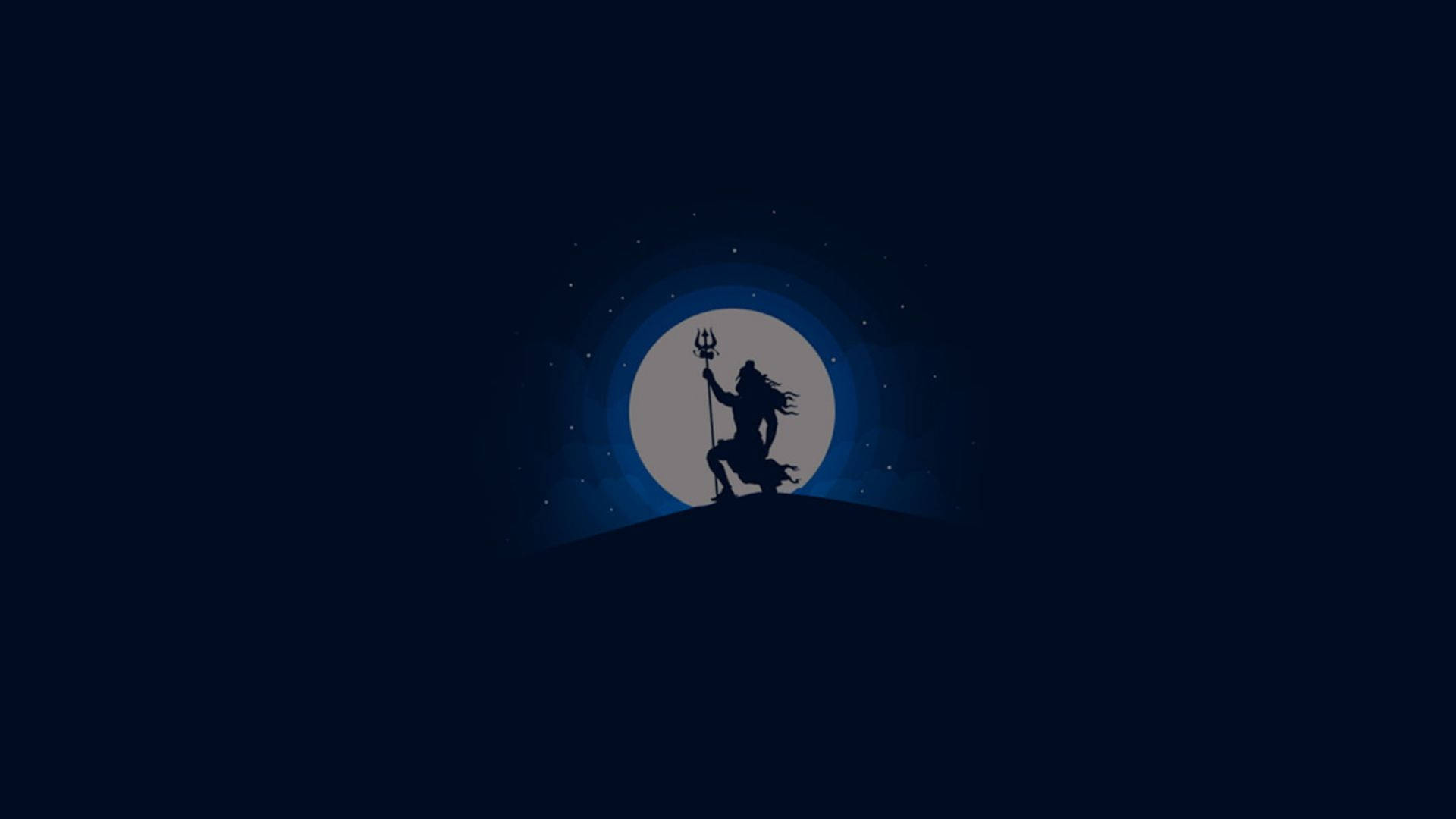 shiva dark 桌布 壁紙 — 手持三叉戟的神明剪影站在山丘上，背景是發光的月亮和滿天星斗的夜空。