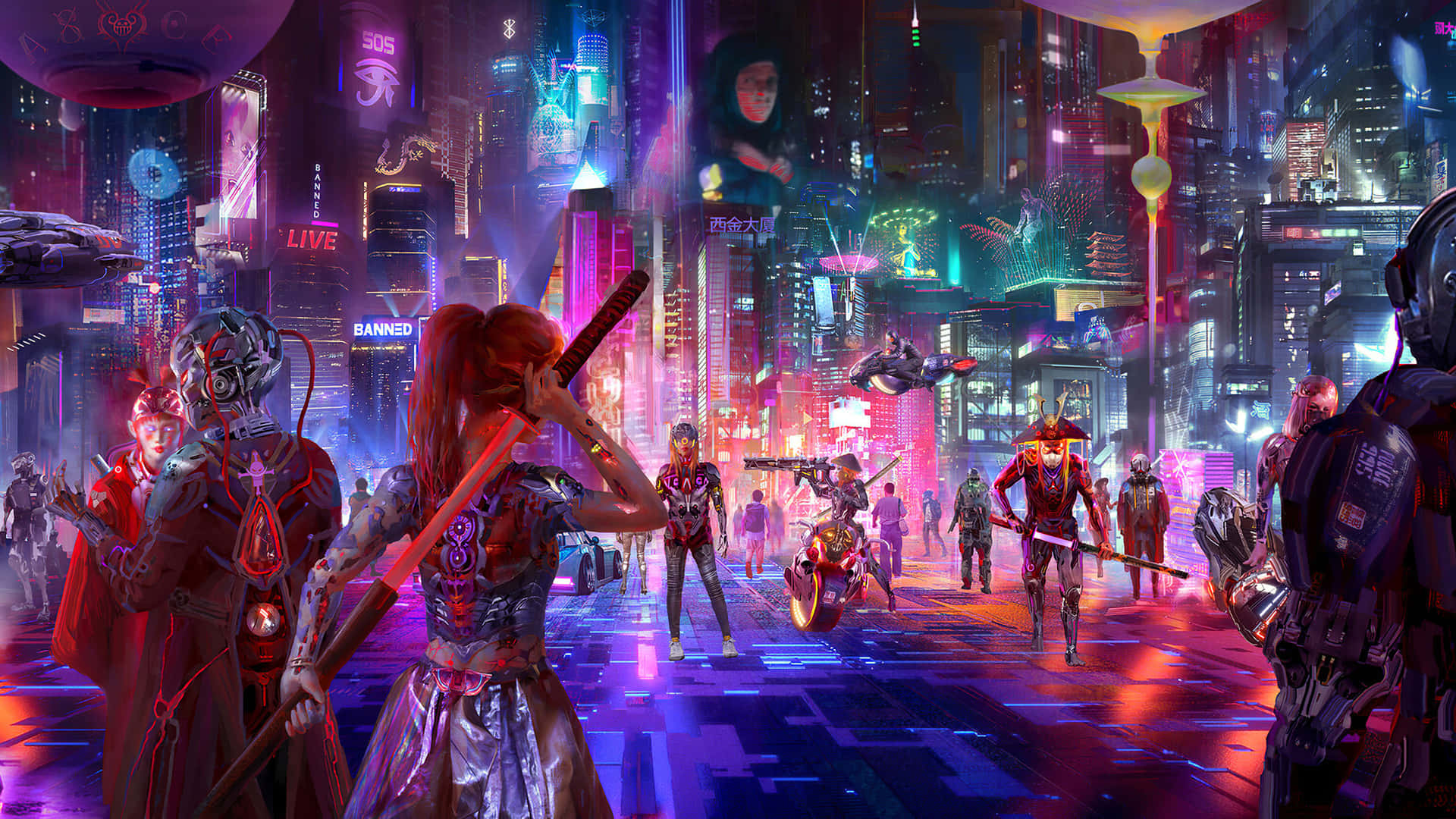 Cyberpunk Laptop 桌布 壁紙 — 手持發光武器的賽博龐克戰士站在充滿霓虹燈的未來城市景觀中，周圍滿是飛行車輛和高聳的全息廣告牌。