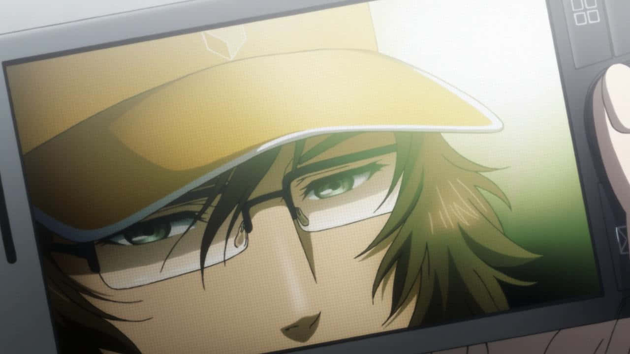 Itaru Hashida 桌布 壁紙 — 手持裝置螢幕上顯示的動漫角色特寫，擁有綠色眼睛和眼鏡。