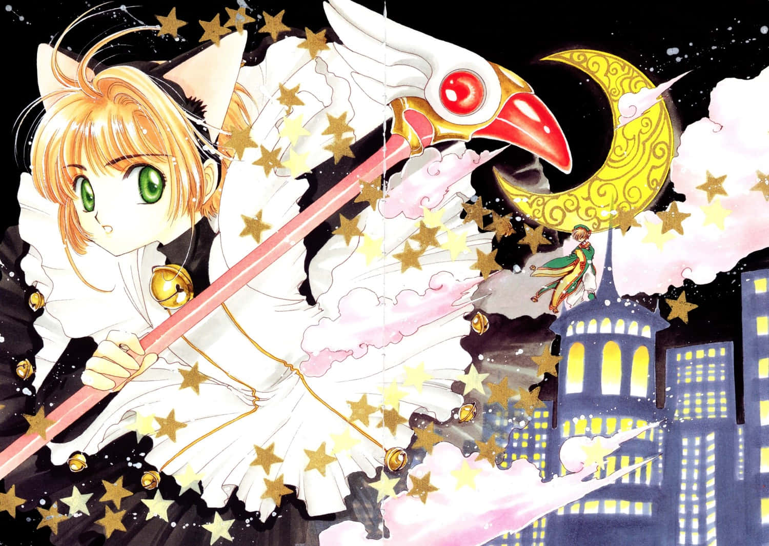 手持魔杖的女孩與夜空中的星星 壁紙