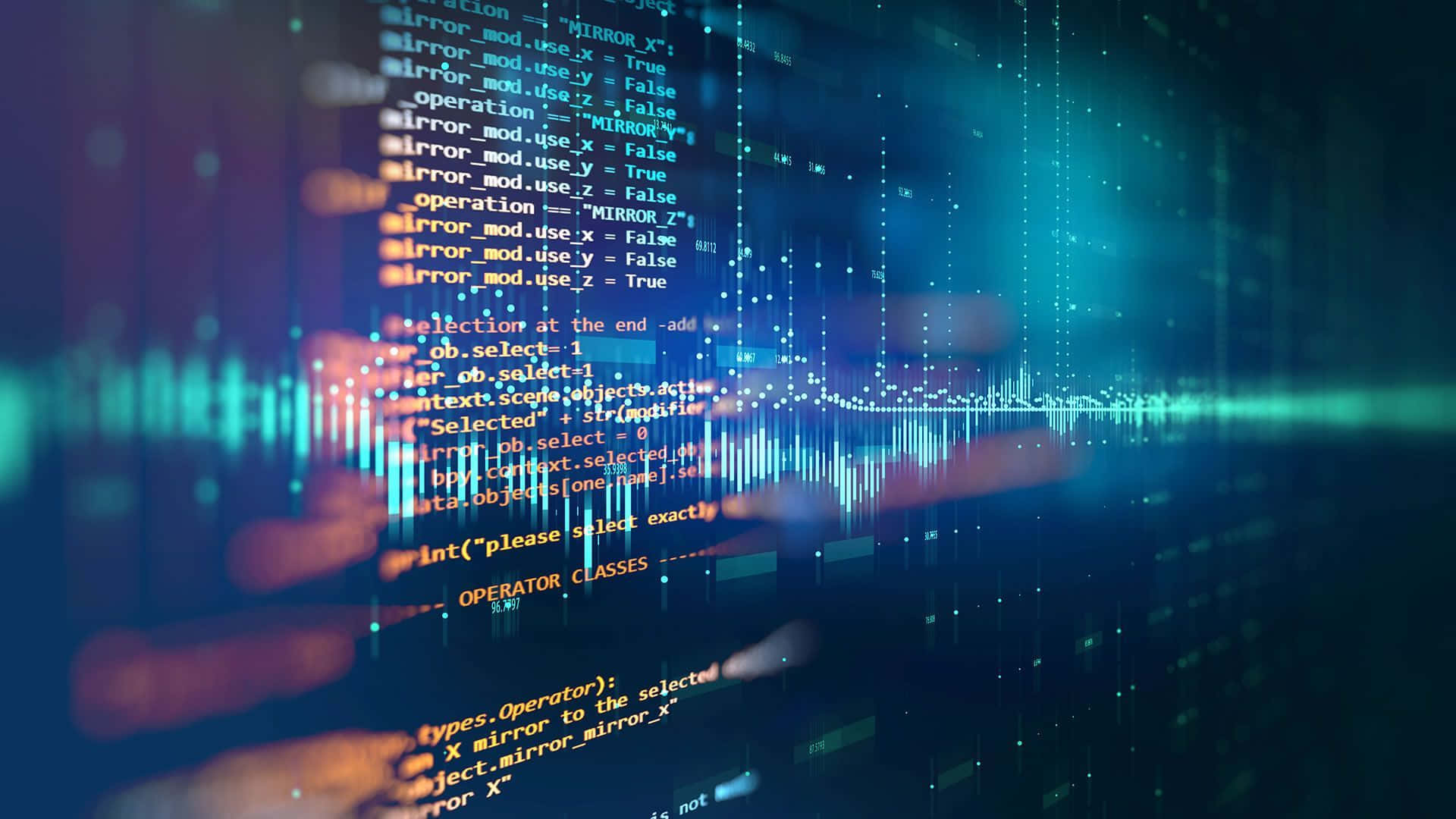 Cyber 桌布 壁紙 — 手指懸浮在未來主義藍色科技界面中發光的數位代碼和數據流之上。