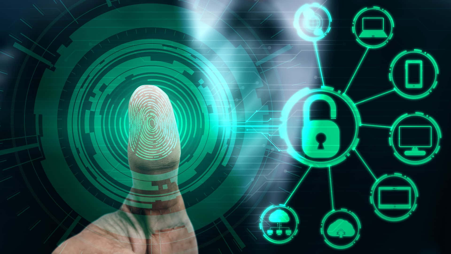 Fingerprint 桌布 壁紙 — 手指掃描發光的綠色未來感介面，解鎖數位裝置和雲端系統。