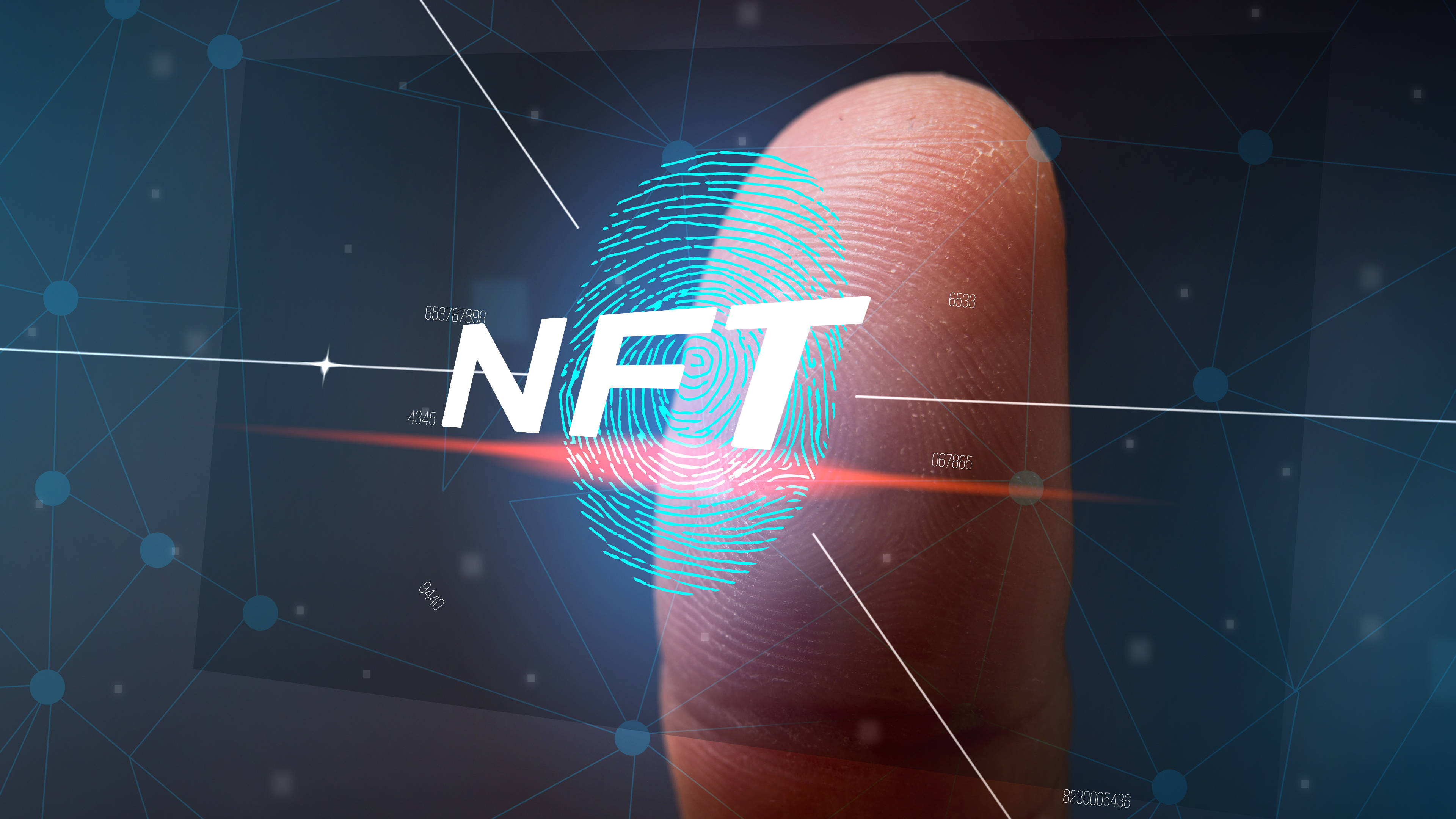 NFT 桌布 壁紙 — 手指特寫，帶有發光藍色指紋，疊加在粗體白色NFT文字上，背景為深色數位網路。