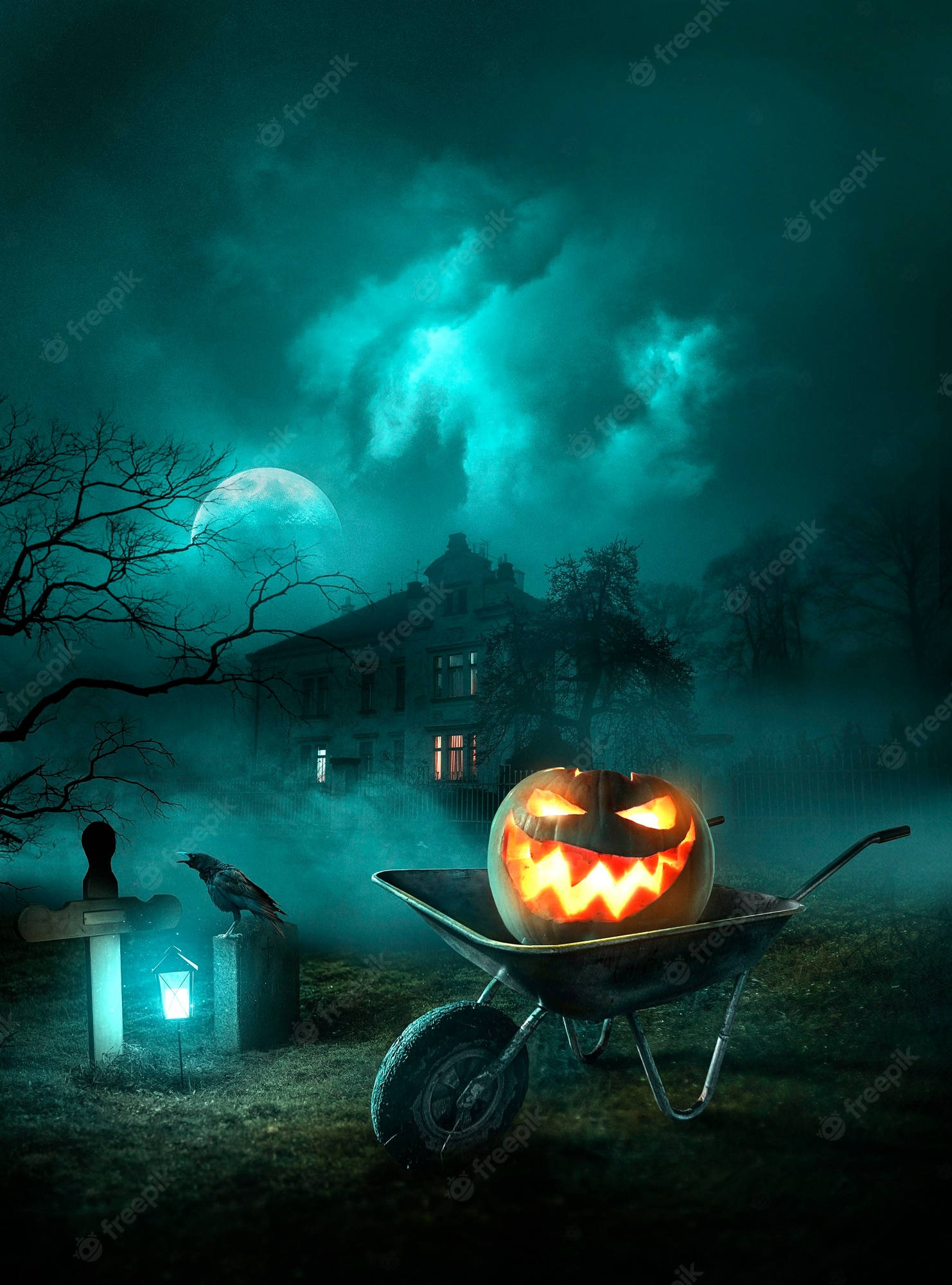 Halloween Pumpkin 桌布 壁紙 — 手推車中發光的傑克南瓜燈照亮了青綠色月亮下的霧氣瀰漫的墓地，背景中有一座鬼屋。
