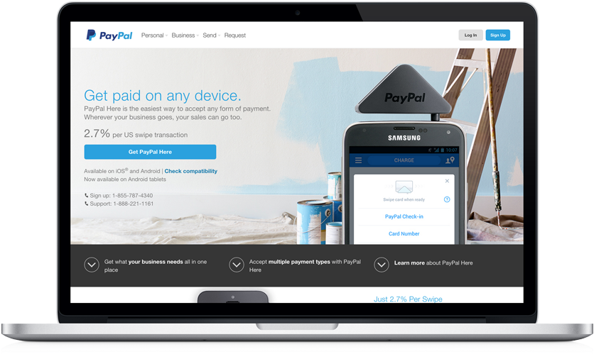 PayPal 桌布 壁紙 — 手提電腦和智慧型手機顯示PayPal的支付解決方案，背景有油漆罐和梯子。
