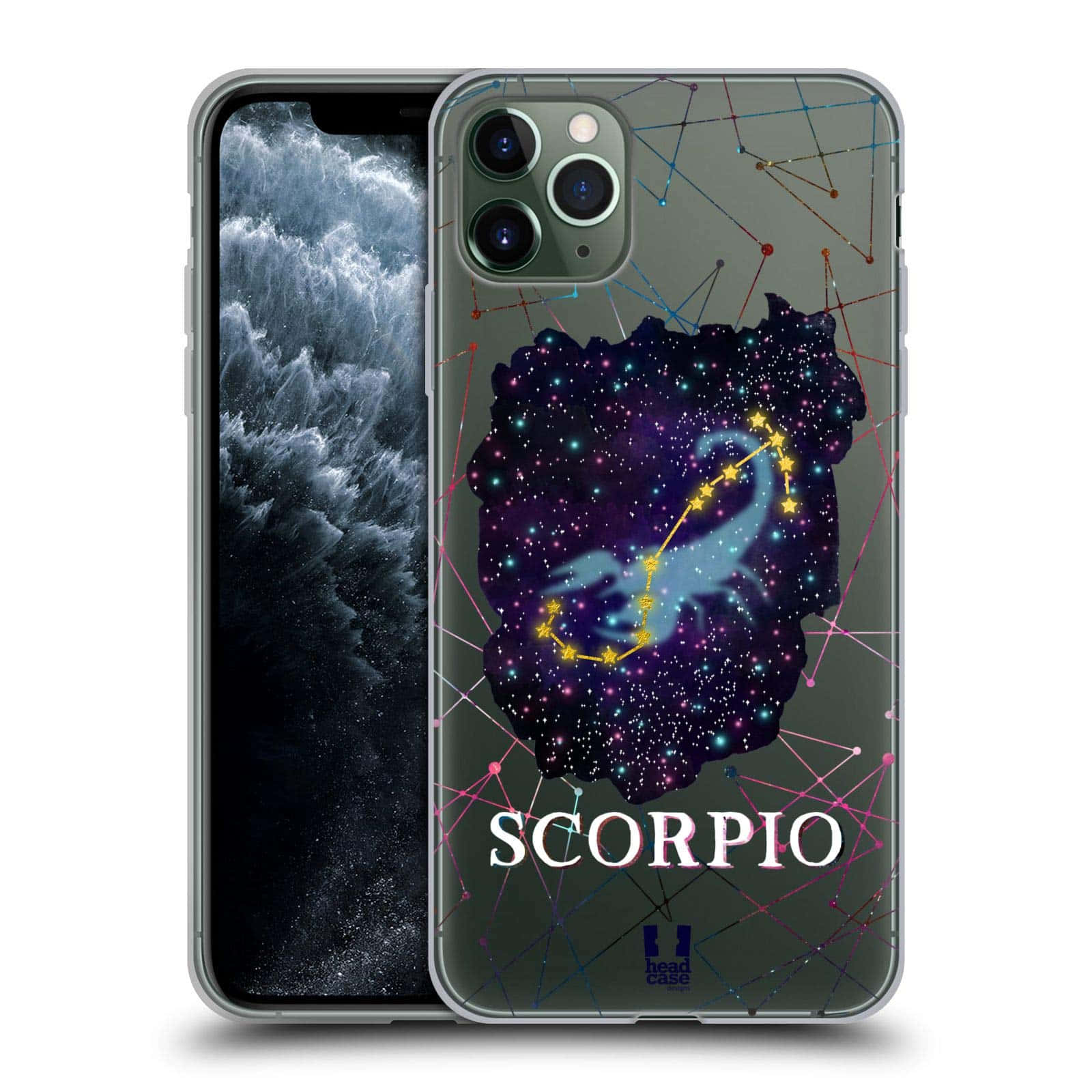 Scorpio 桌布 壁紙 — 手機殼展示了一個宇宙天蠍座星座設計，在深色背景上有發光的星星和色彩繽紛的連接線。