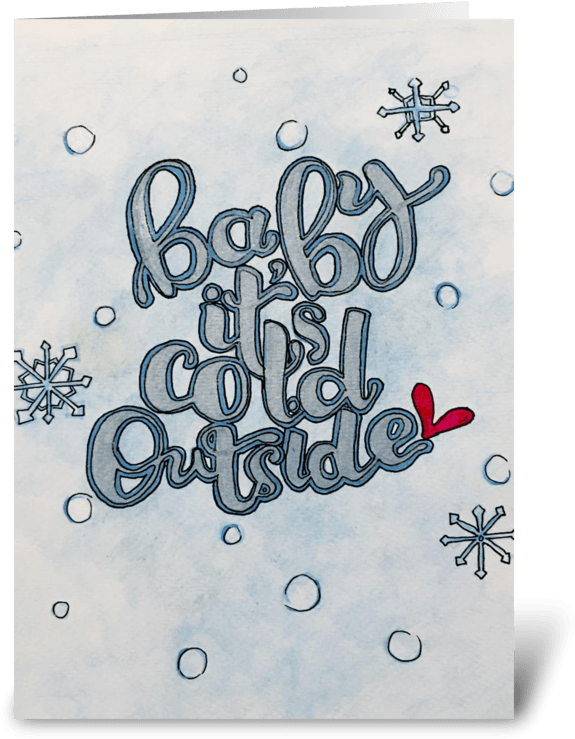 寒冷 桌布 壁紙 — 手繪冬季主題藝術作品，帶有風格化文字「Baby it's Cold Outside」，周圍環繞雪花和氣泡，背景為藍色水彩。