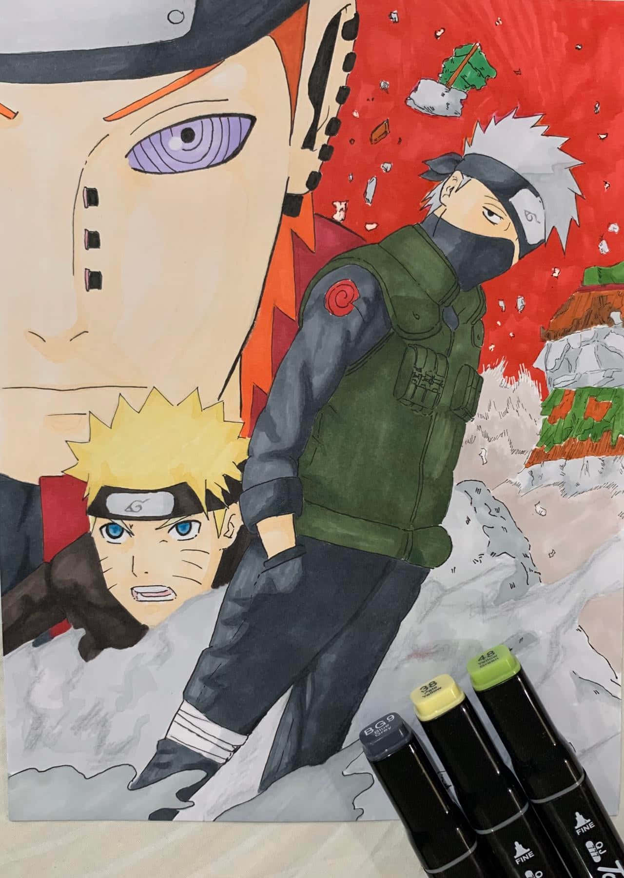 Kakashi And Pain 桌布 壁紙 — 手繪動漫角色鳴人和卡卡西站在雪景中，背景有一個大臉，底部有標記。