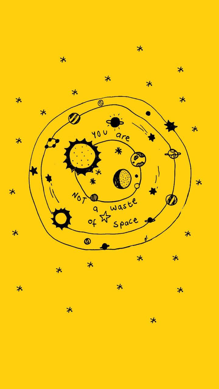 Screen 桌布 壁紙 — 手繪太陽系，行星圍繞太陽運行，背景為亮黃色，有星星和短語「你不是浪費空間」。