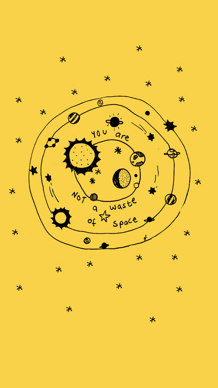 桌布 壁紙 — 手繪太陽系插圖，行星和恆星圍繞中央太陽運行，背景為亮黃色。